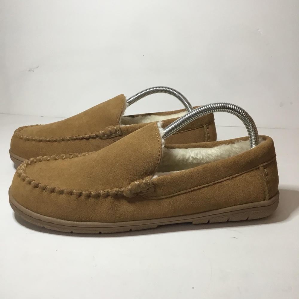 Lands End Men’s Tan Suede Shearling Moccasin Slippers Size 9 NWOB